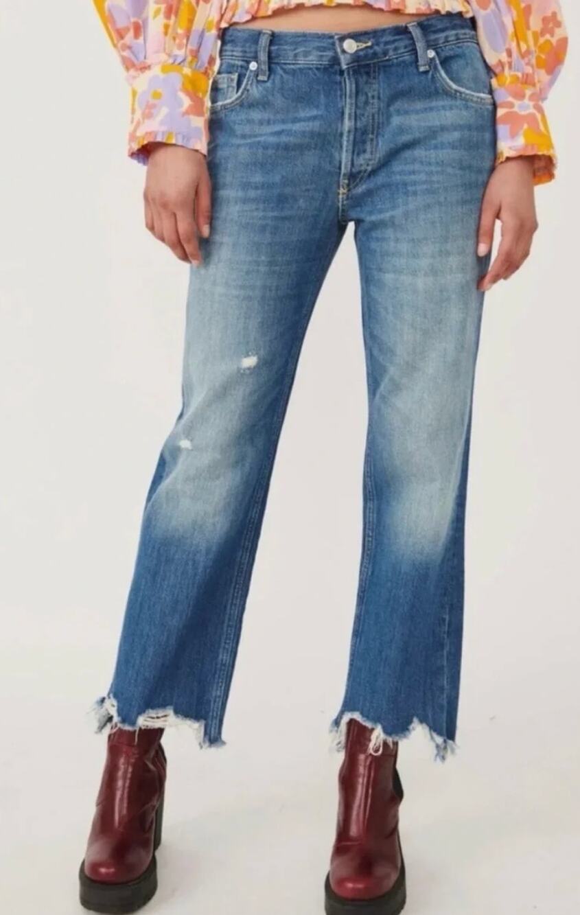 Free People Mid Rise Maggie Button Fly Straight Leg Chewed Hem Jeans Blue 26